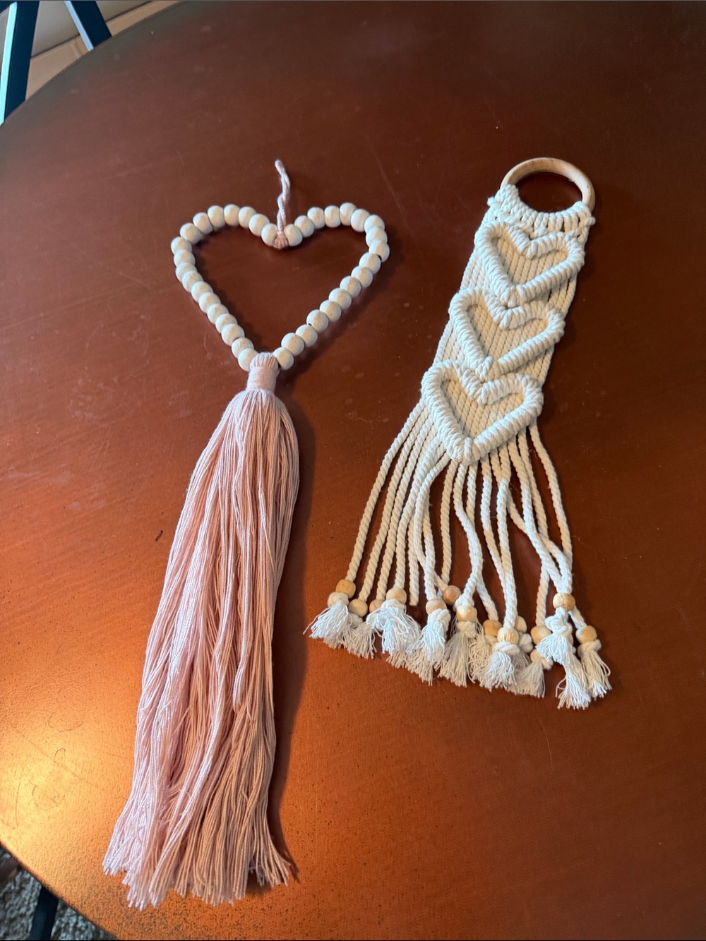 Beaded Heart Tassel & Macramé Heart Wall Hanging - Pink & Cream